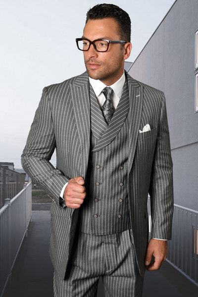Men's Wool Pleated Vested Suit in Bold Grey Pinstripe