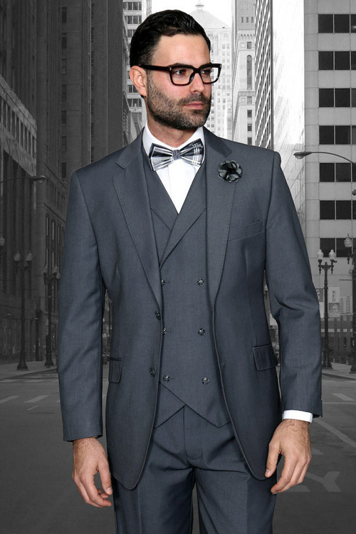 Men's Charcoal Grey Double Breasted Wool Vest Suit
