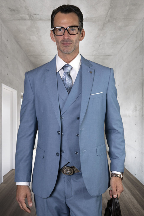 Men's Steel Blue Double Breasted Wool Suit