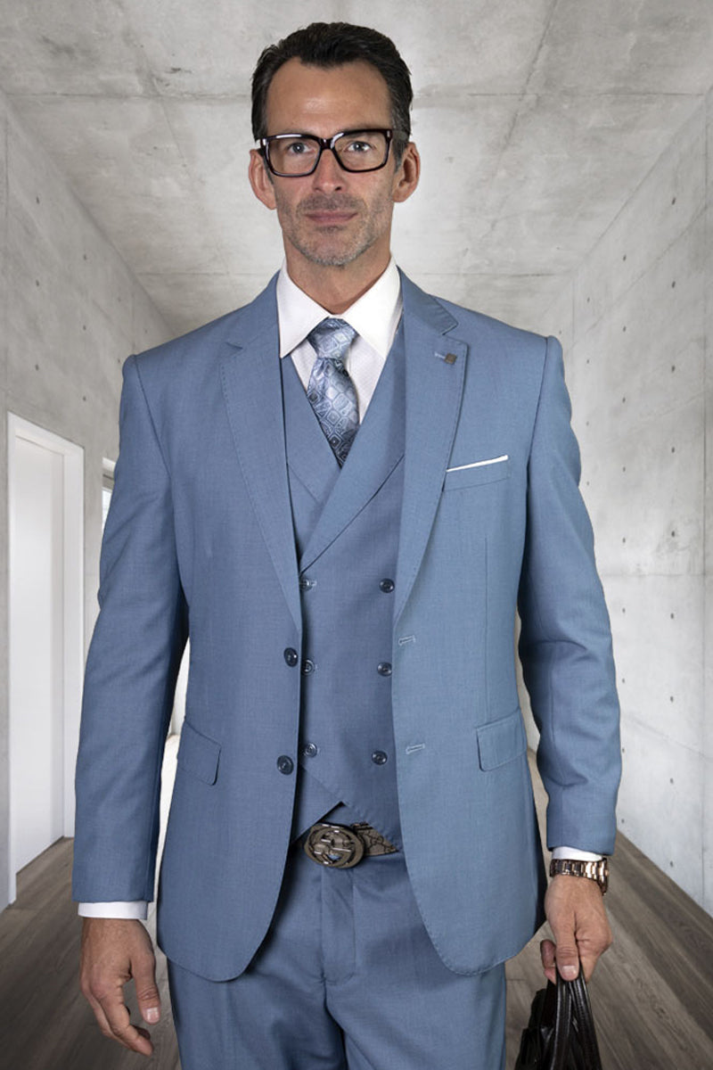 Men's Steel Blue Double Breasted Wool Suit