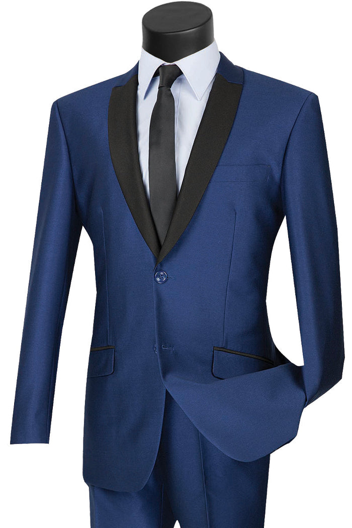 Mens 2 Buttton Slim Contrast Peak Lapel Tuxedo in Black by Vinci