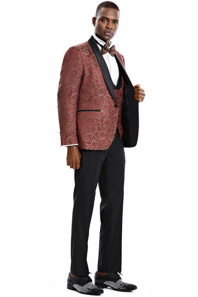 Men's Red & Gold Paisley Vested Tuxedo