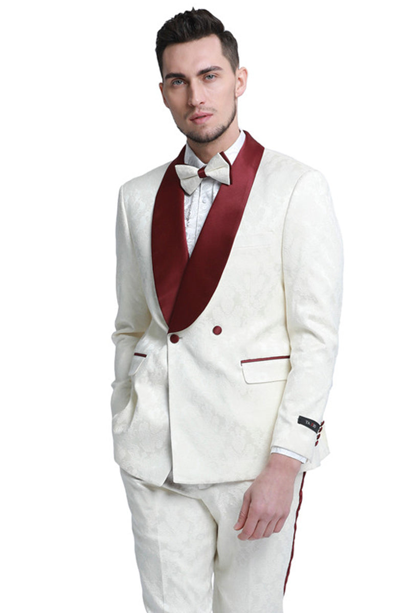 Burgundy & Ivory Men's Slim Fit Paisley Tuxedo - Double Breasted Smoking Jacket by Tazzio