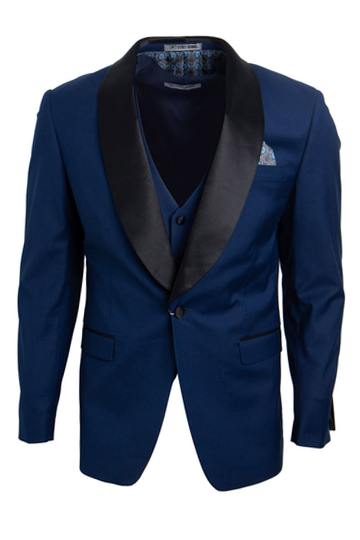 Elegant Indigo Blue Tuxedo for Prom or Wedding: Stacy Adams Vested Shawl Lapel 1-Button