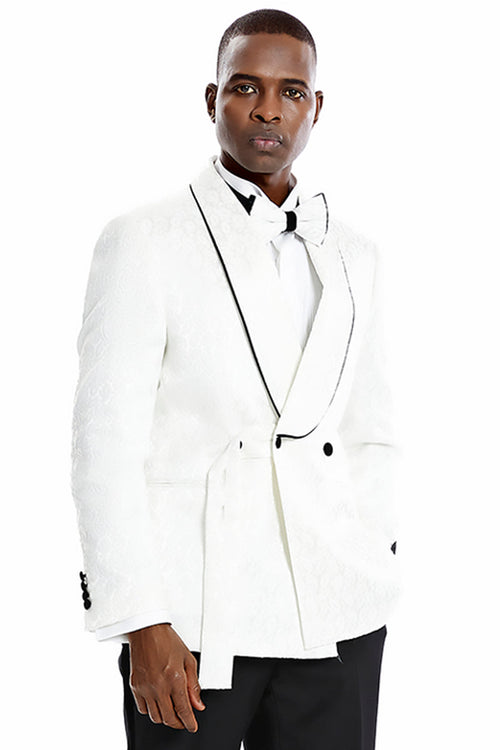 Elegant White Paisley Smoking Jacket for Men