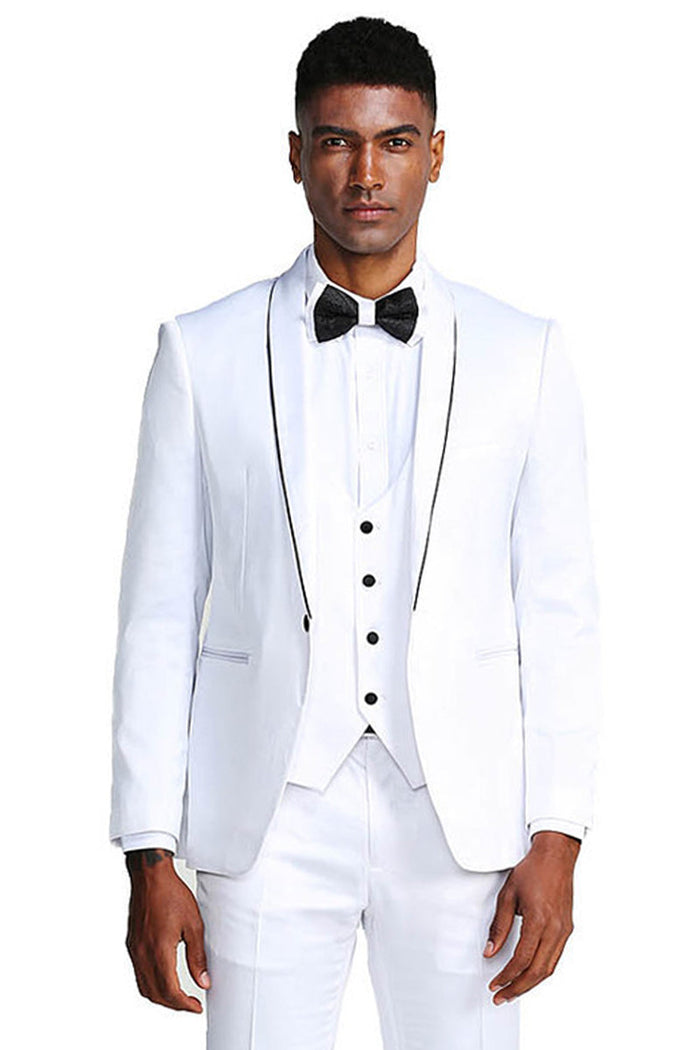 White Men's Slim Fit Satin Tuxedo Suit - Vested Prom & Wedding Attire by Tazzio