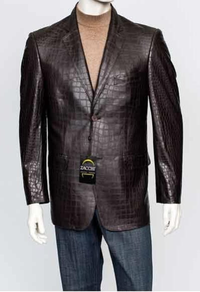 Zacchi Men's Italian Cut Men's Alligator Jacket Print Genuine Leather Feel 2 Button 29881 Brown Crocodile Print Blazer Available in Big and Tall