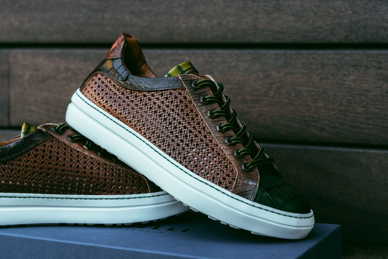 Zelli Vento Woven Crocodile Embossed Calfskin Sneakers in Cognac