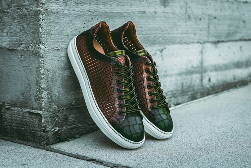 Zelli Vento Woven Crocodile Embossed Calfskin Sneakers in Cognac