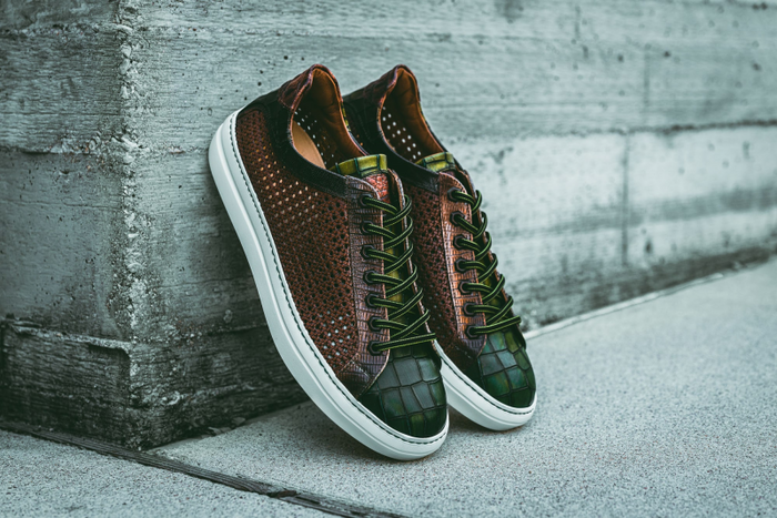 Zelli Vento Woven Crocodile Embossed Calfskin Sneakers in Cognac