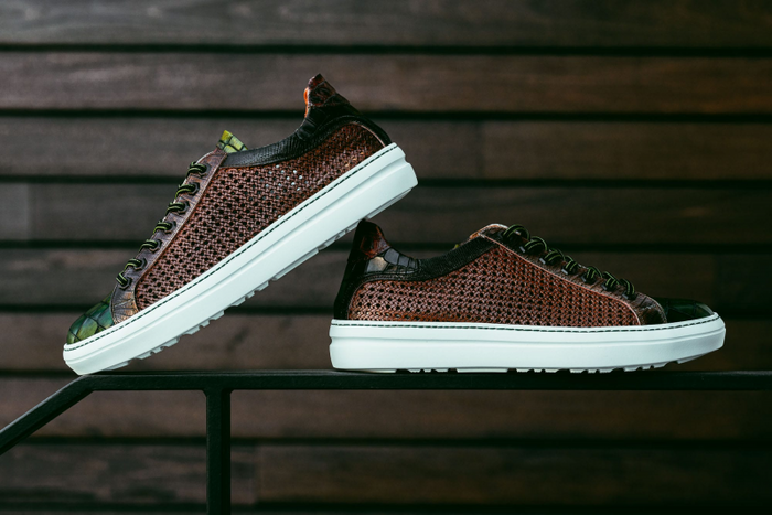 Zelli Vento Woven Crocodile Embossed Calfskin Sneakers in Cognac