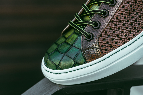 Zelli Vento Woven Crocodile Embossed Calfskin Sneakers in Cognac