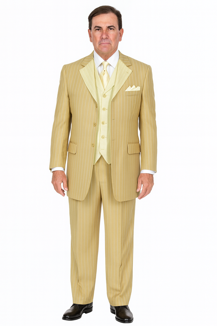 Beige Pinstripe Party Suit - Classic 3-Piece Men’s Outfit by USA Men's Outlet