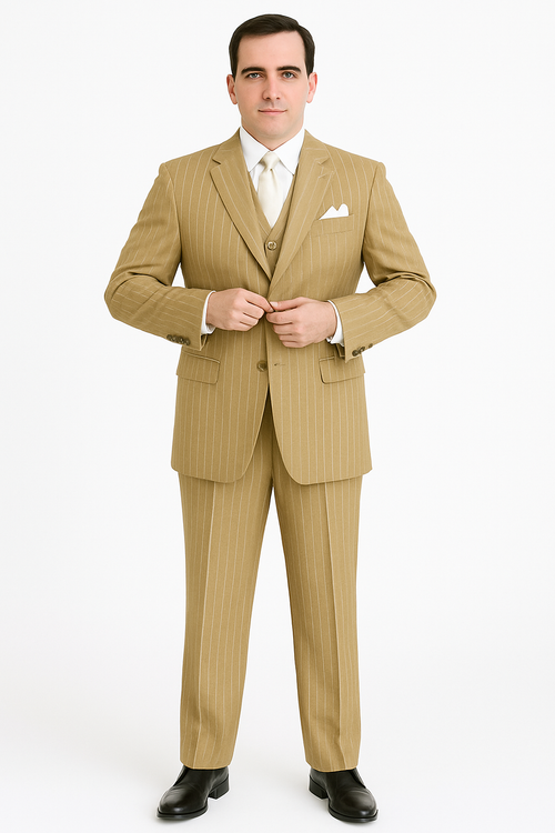 Beige Pinstripe Party Suit - Classic 3-Piece Men’s Outfit by USA Men's Outlet