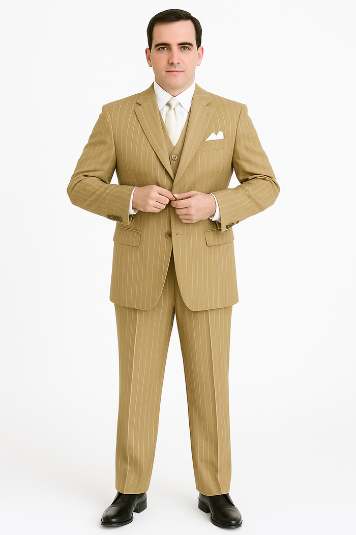 Beige Pinstripe Party Suit - Classic 3-Piece Men’s Outfit by USA Men's Outlet