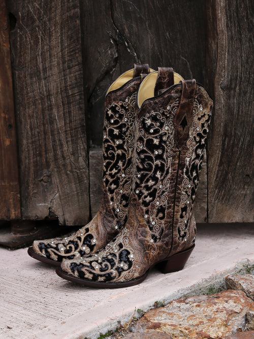 Corral Women's Black Glitter Inlay Crystal Snip Toe Cowboy Boots by SuitUSA