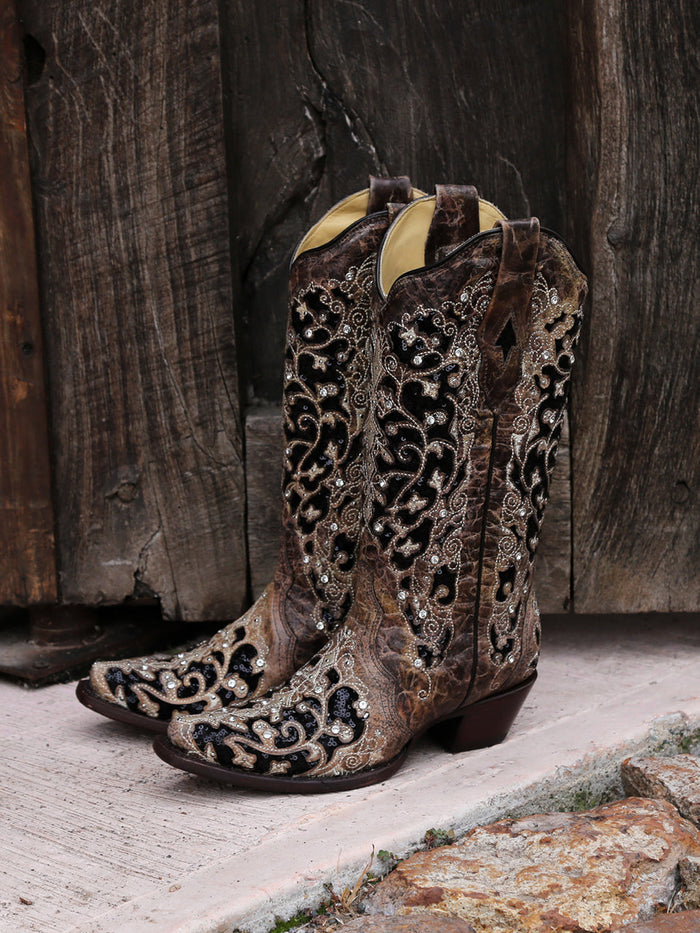 Corral Women's Black Glitter Inlay Crystal Snip Toe Cowboy Boots by SuitUSA