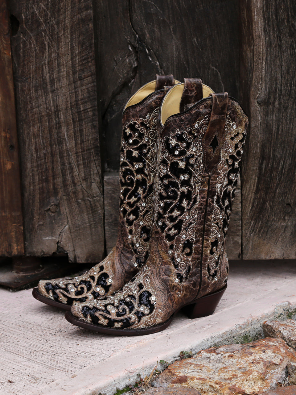 Corral Women's Black Glitter Inlay Crystal Snip Toe Cowboy Boots by SuitUSA