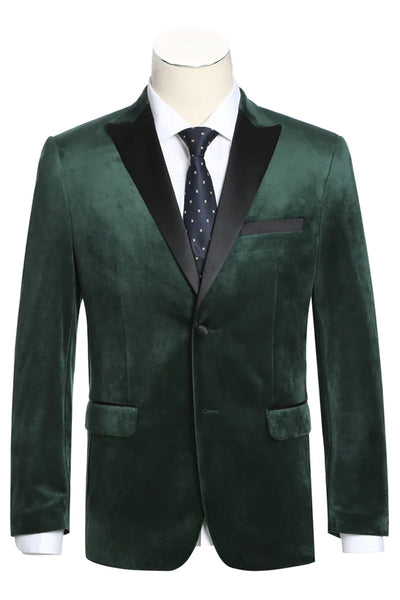 Mens Two Button Peak Lapel Velvet Prom Tuxedo Blazer in Hunter Green by Renoir