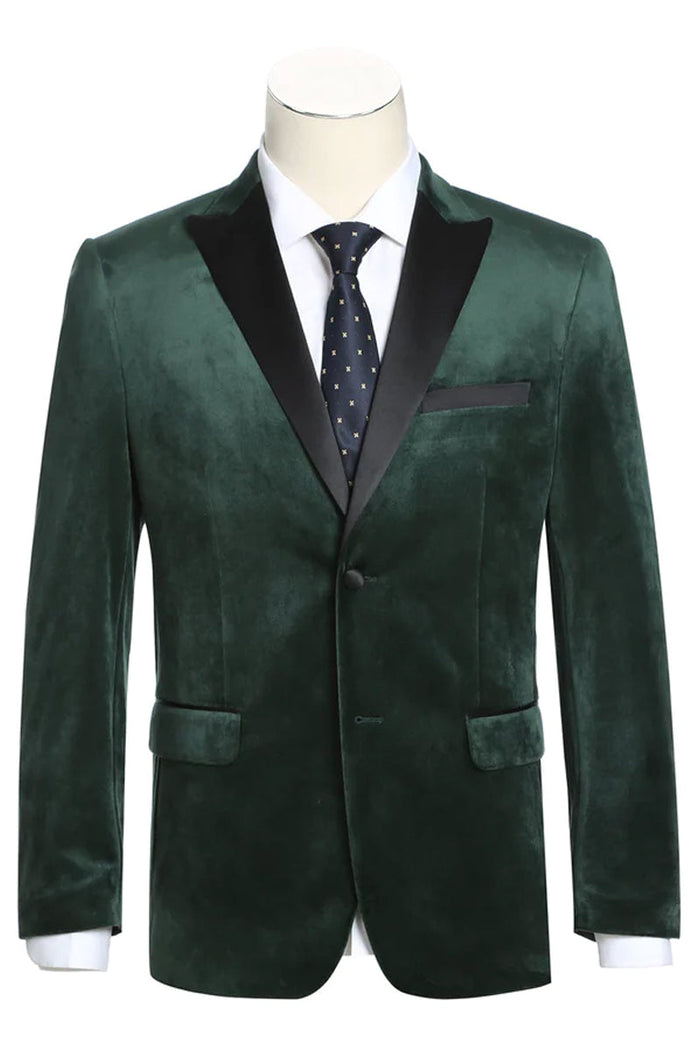 Mens Two Button Peak Lapel Velvet Prom Tuxedo Blazer in Hunter Green by Renoir