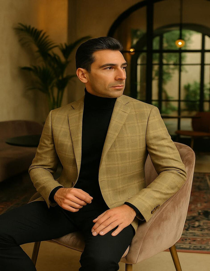 Men's Light Brown Plaid Sport Coat - Classic Check Blazer for Business and Casual Wear in Tan Windowpane Taupe Color by USA Men's Outlet