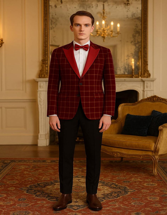 Men's Red Velvet Plaid Blazer with Satin Lapel - Designer Tartan Suit Jacket for Holidays and Events by USA Men's Outlet