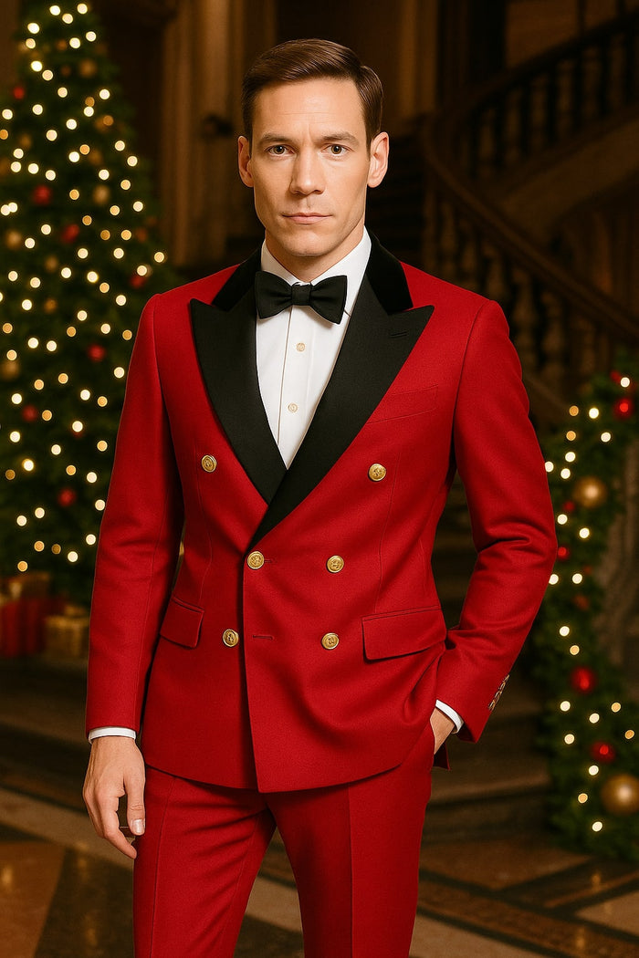 Men's Red Double-Breasted Wedding Tuxedo with Black Velvet Lapel and Gold Buttons - Christmas New Year Suit by USA Men's Outlet