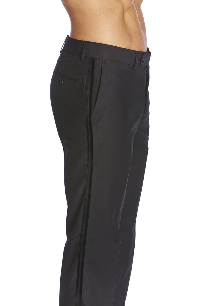 Mens Tuxedo Dress Pants Flat Front Satin Band Mens Tux Pant Trousers - Black with Black Stripe