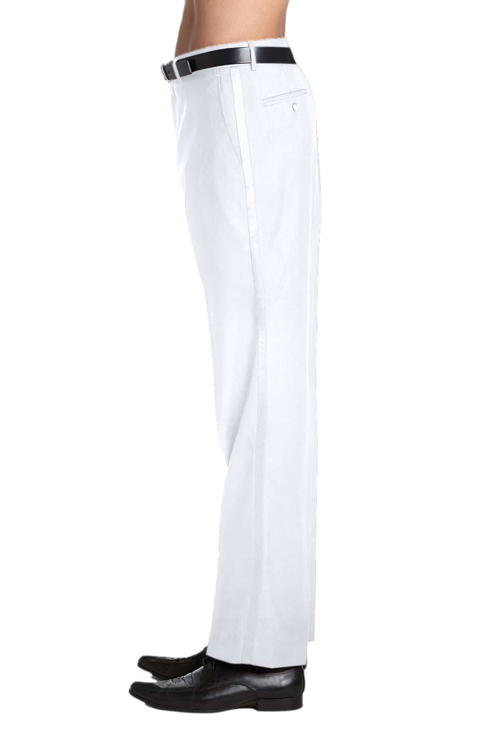 Mens Tuxedo Dress Pants Flat Front Satin Band Mens Tux Pant Trousers - White with White Stripe