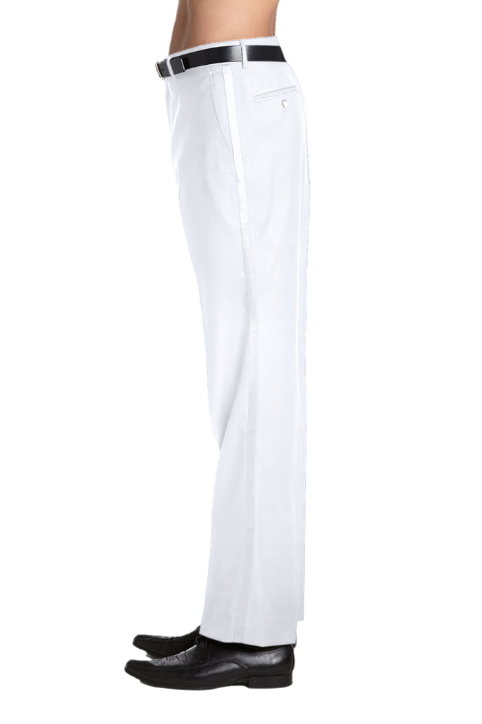 Mens Tuxedo Dress Pants Flat Front Satin Band Mens Tux Pant Trousers - White with White Stripe