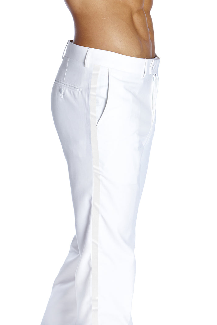 Mens Tuxedo Dress Pants Flat Front Satin Band Mens Tux Pant Trousers - White with White Stripe
