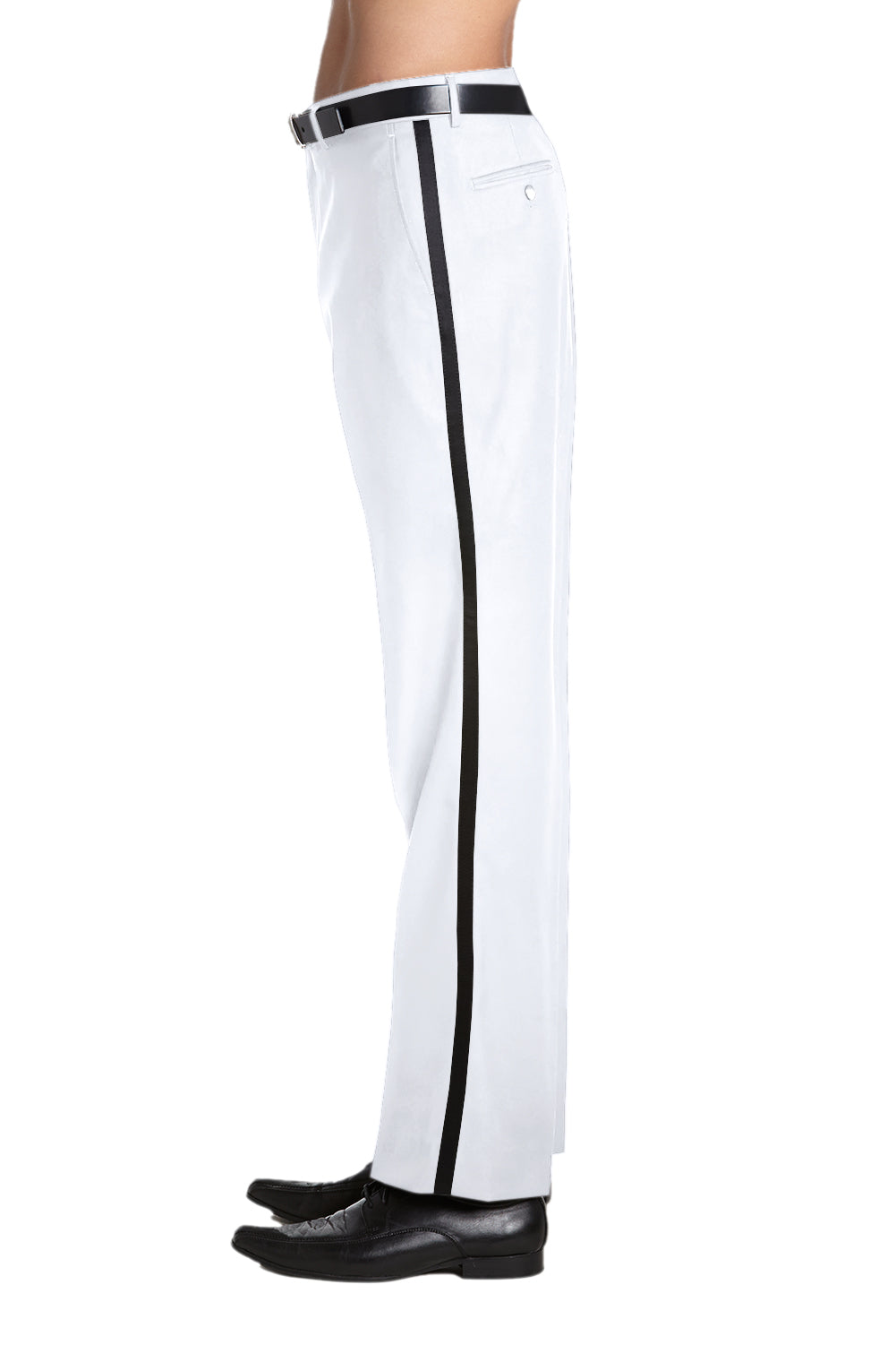 Mens Tuxedo Dress Pants Flat Front Satin Band Mens Tux Pant Trousers - White with Black Stripe