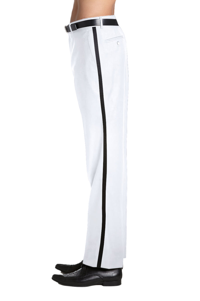 Mens Tuxedo Dress Pants Flat Front Satin Band Mens Tux Pant Trousers - White with Black Stripe