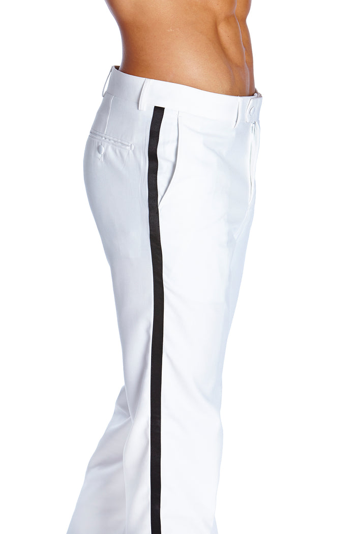 Mens Tuxedo Dress Pants Flat Front Satin Band Mens Tux Pant Trousers - White with Black Stripe