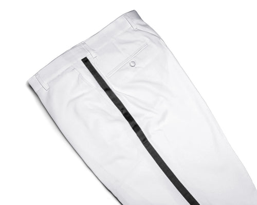 Mens Tuxedo Dress Pants Flat Front Satin Band Mens Tux Pant Trousers - White with Black Stripe