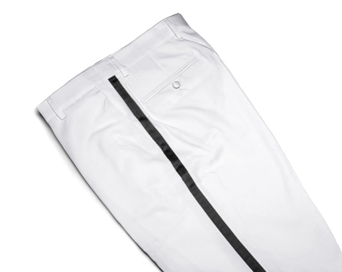 Mens Tuxedo Dress Pants Flat Front Satin Band Mens Tux Pant Trousers - White with Black Stripe