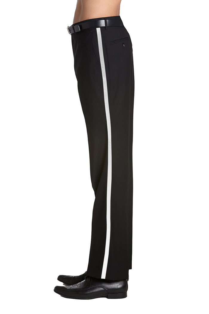 Mens Tuxedo Dress Pants Flat Front Satin Band Mens Tux Pant Trousers - Black with White Stripe