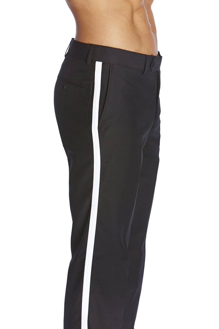 Mens Tuxedo Dress Pants Flat Front Satin Band Mens Tux Pant Trousers - Black with White Stripe