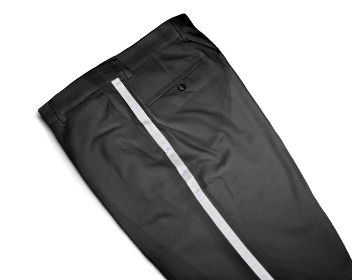 Mens Tuxedo Dress Pants Flat Front Satin Band Mens Tux Pant Trousers - Black with White Stripe