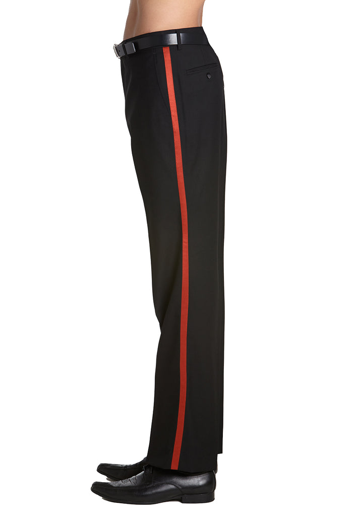 Mens Tuxedo Dress Pants Flat Front Satin Band Mens Tux Pant Trousers - Black with Red Stripe