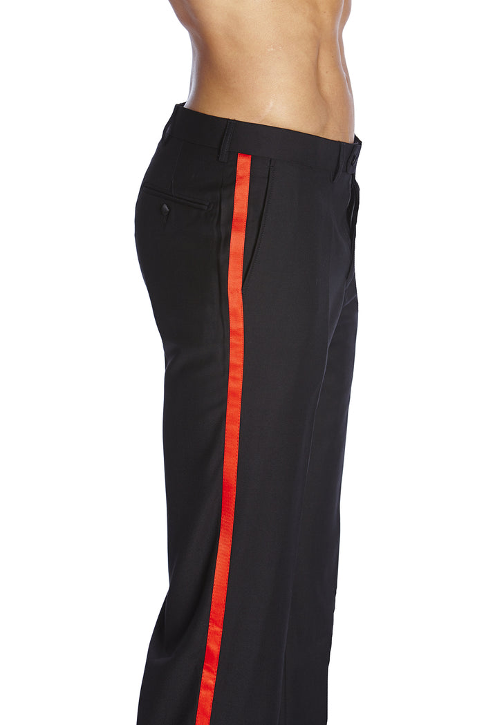 Mens Tuxedo Dress Pants Flat Front Satin Band Mens Tux Pant Trousers - Black with Red Stripe