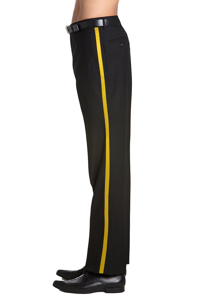 Mens Tuxedo Dress Pants Flat Front Satin Band Mens Tux Pant Trousers - Black with Gold Stripe