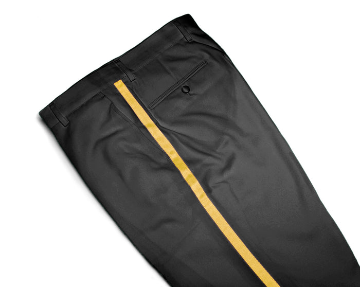Mens Tuxedo Dress Pants Flat Front Satin Band Mens Tux Pant Trousers - Black with Gold Stripe