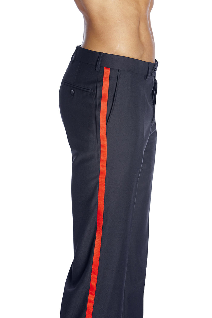 Mens Tuxedo Dress Pants Flat Front Satin Band Mens Tux Pant Trousers - Navy Blue Red Stripe