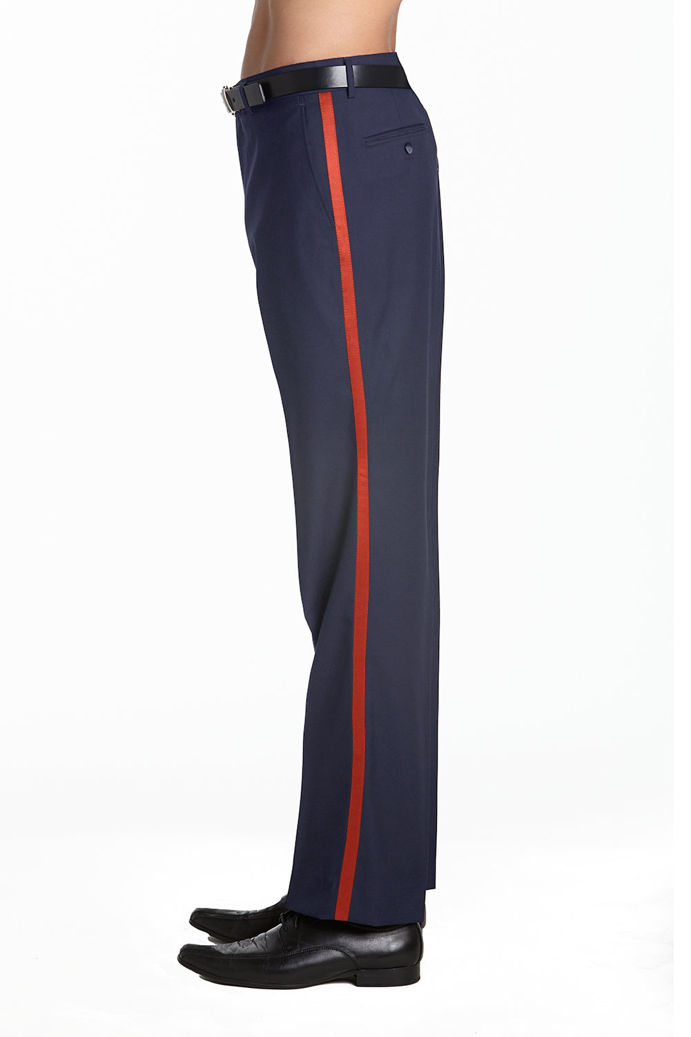 Mens Tuxedo Dress Pants Flat Front Satin Band Mens Tux Pant Trousers - Navy Blue Red Stripe