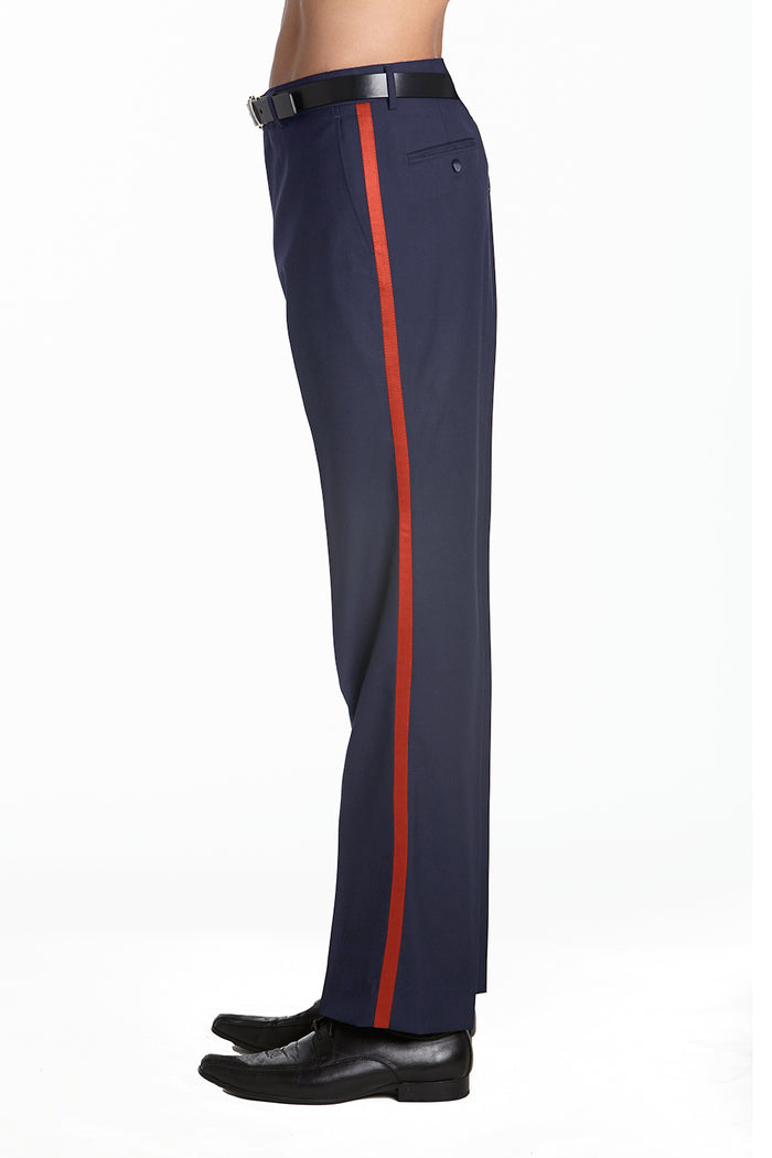 Mens Tuxedo Dress Pants Flat Front Satin Band Mens Tux Pant Trousers - Navy Blue Red Stripe