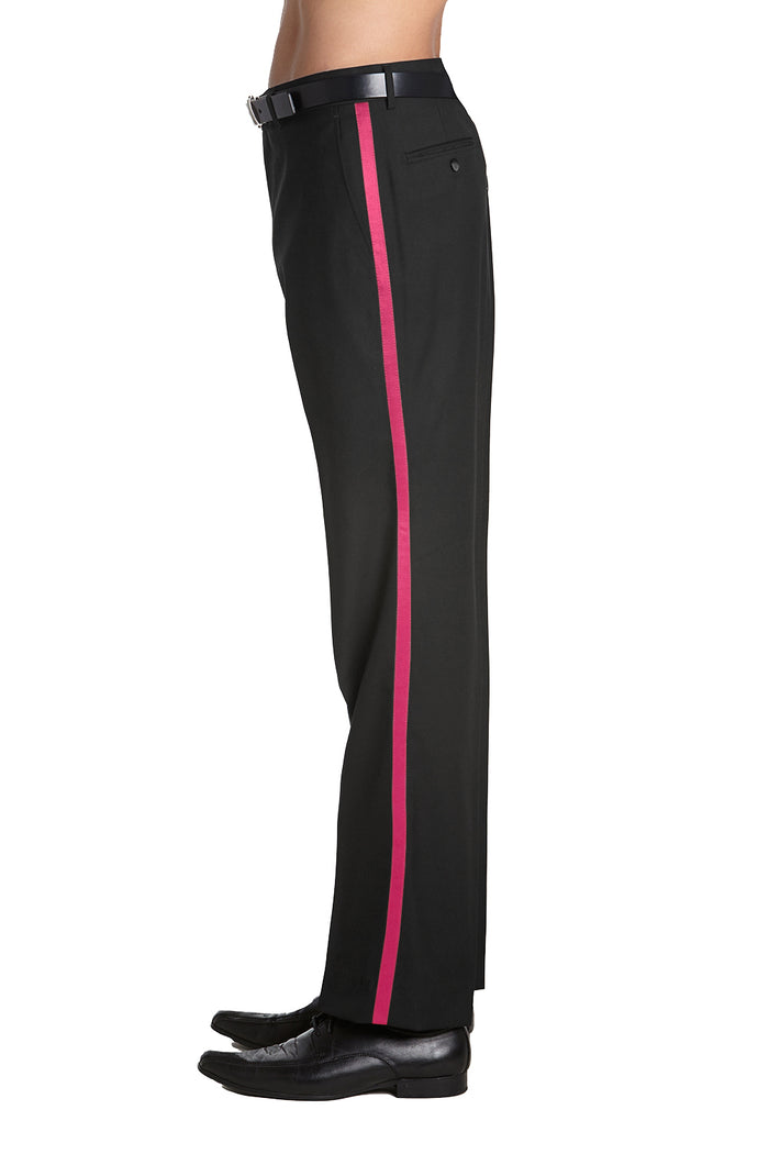 Mens Tuxedo Dress Pants Flat Front Satin Band Mens Tux Pant Trousers - Black with Hot Pink Strip