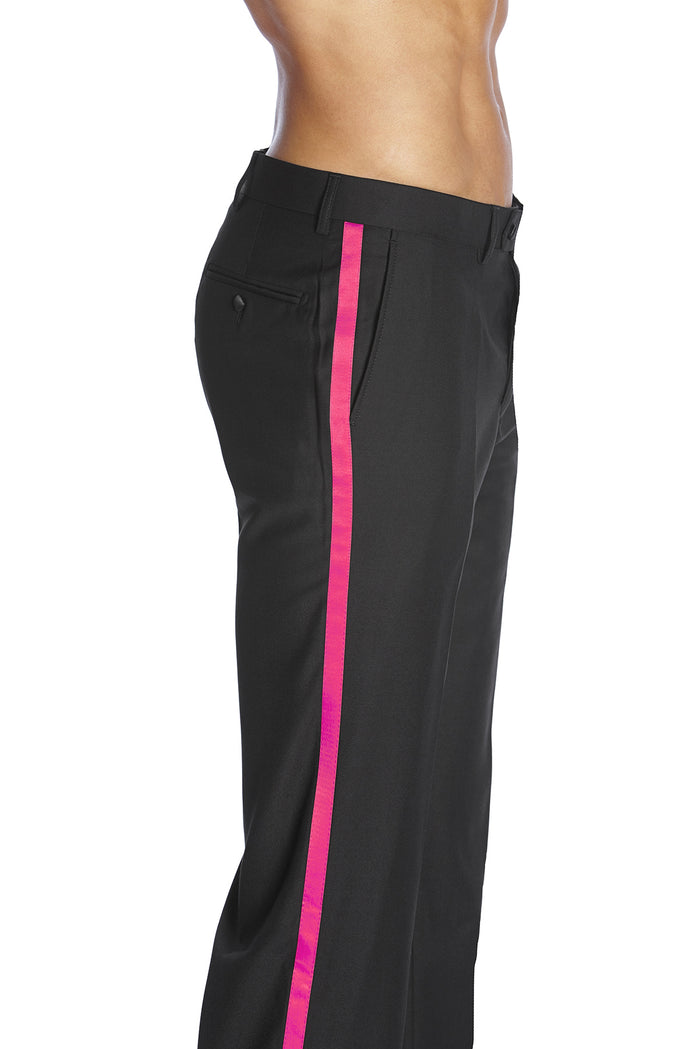 Mens Tuxedo Dress Pants Flat Front Satin Band Mens Tux Pant Trousers - Black with Hot Pink Strip