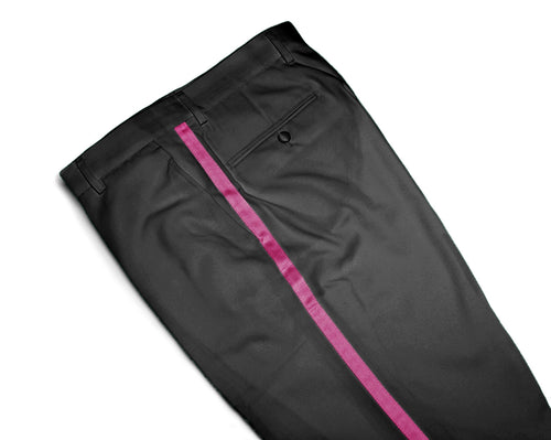 Mens Tuxedo Dress Pants Flat Front Satin Band Mens Tux Pant Trousers - Black with Hot Pink Strip