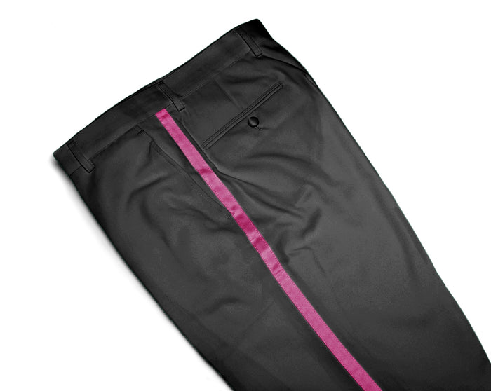 Mens Tuxedo Dress Pants Flat Front Satin Band Mens Tux Pant Trousers - Black with Hot Pink Strip